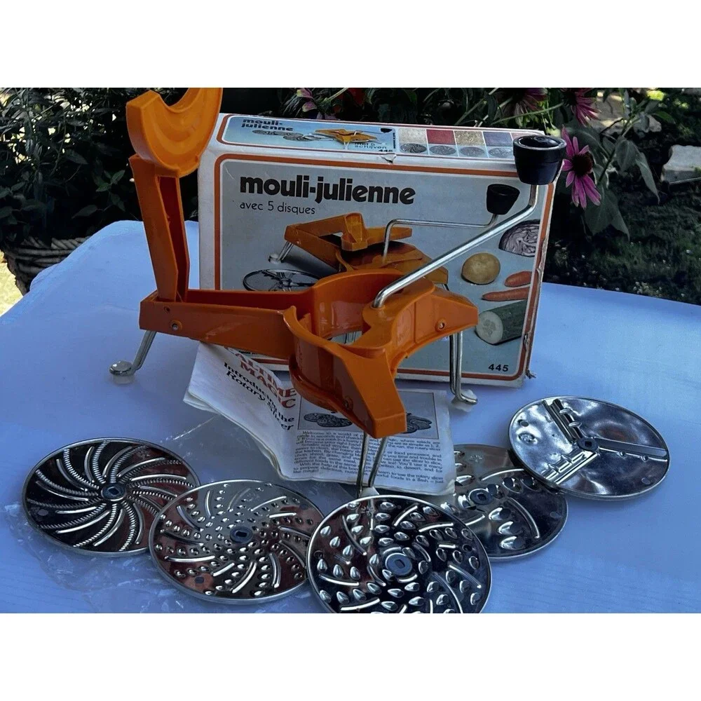 Vintage Mouli Julienne 445 Rotary Grater Slicer 5 Discs Box Made France Complete